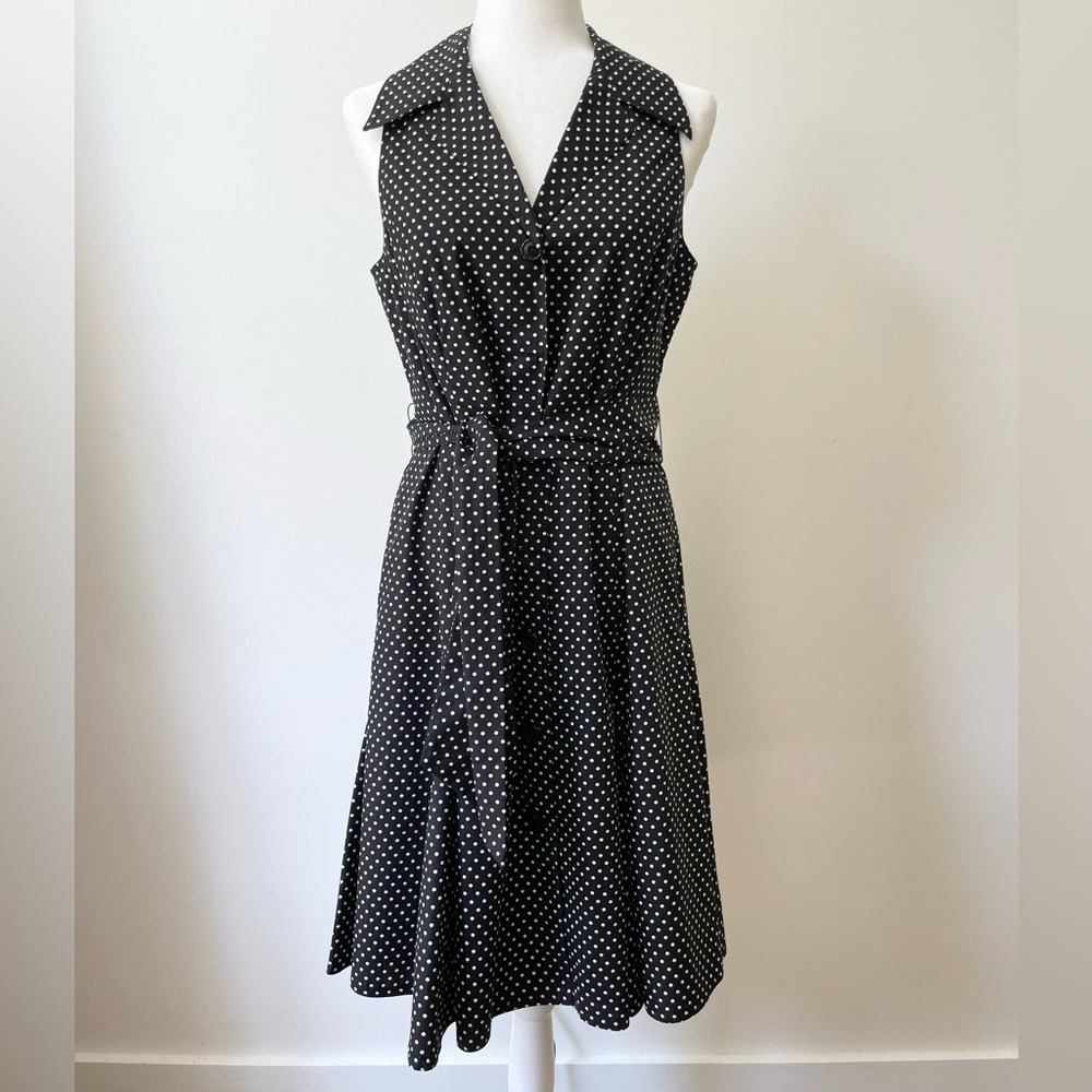 Talbots Polka Dot Sleeveless Dress Black and White Size 12 Fit and Flare Belted
